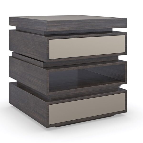 Caracole La Moda End Table featuring tiered stacked cubes in Sepia finish, inset frosted bronze glass top, and soft-close drawers with bronze mirror fronts.
