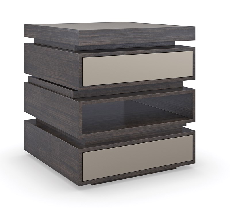 Caracole La Moda End Table featuring tiered stacked cubes in Sepia finish, inset frosted bronze glass top, and soft-close drawers with bronze mirror fronts.