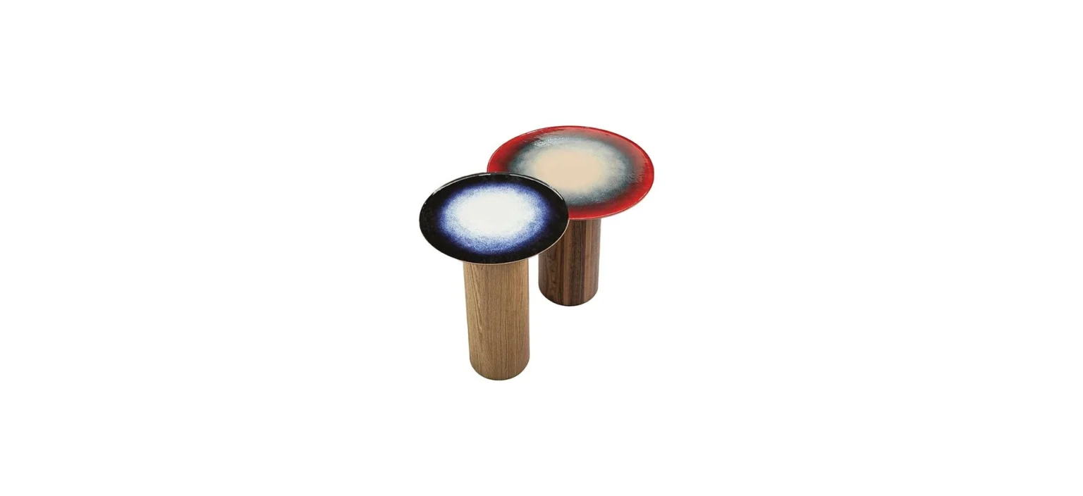 Fire Eater Small Table by Moroso side profile highlighting artisanal enamelled copper surface and natural wood grain base in a Troy Michigan setting