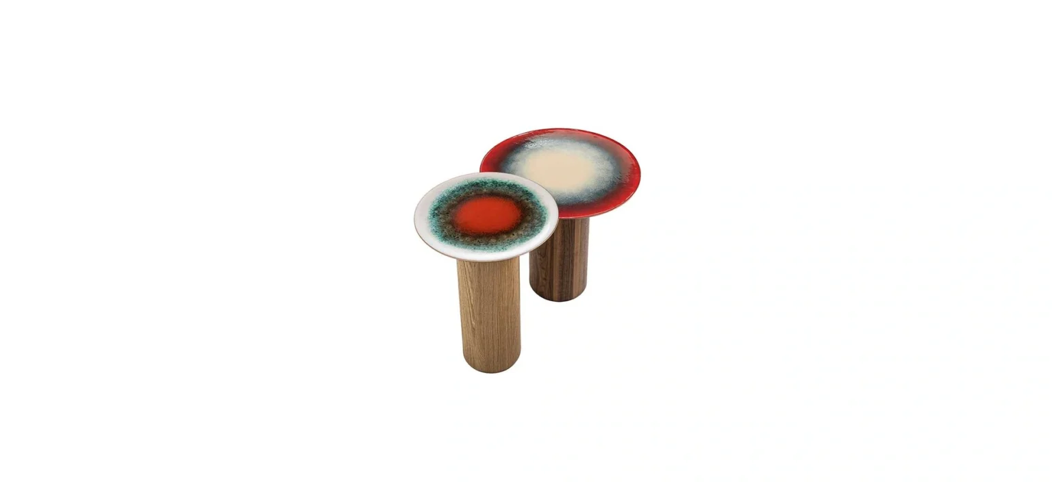 Fire Eater Small Table by Moroso rear angle emphasizing precision joinery of oak tubular base and glossy fired enamel top in a Royal Oak Michigan display