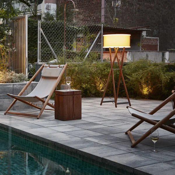 “Cala by Marset designer indoor-outdoor lamp – contemporary floor light with natural oak frame and soft glow”