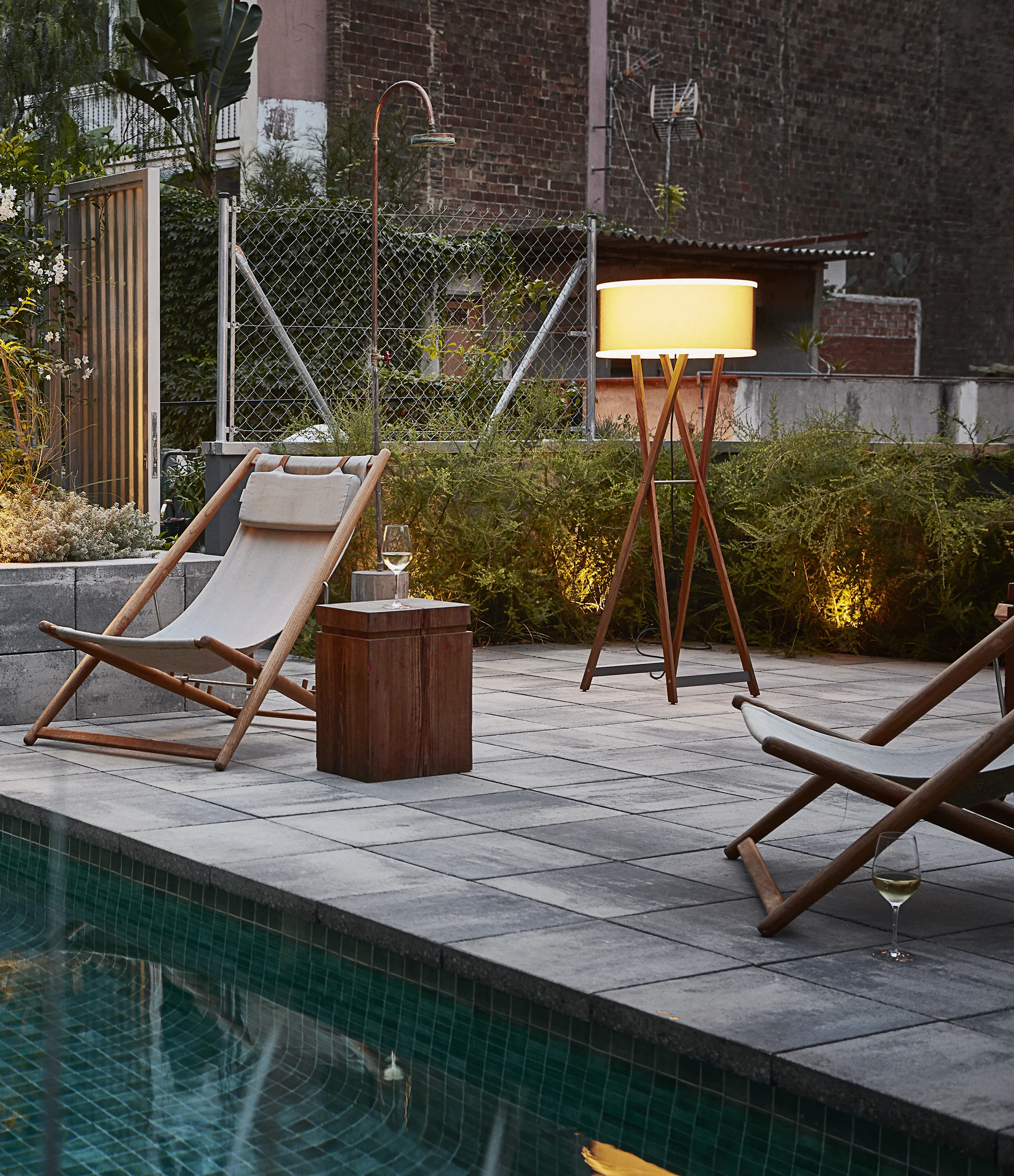 “Cala by Marset designer indoor-outdoor lamp – contemporary floor light with natural oak frame and soft glow”