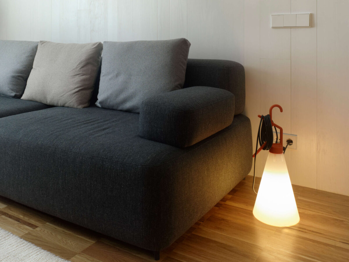 Mayday Lamp by Flos side profile highlighting long 190″ cord and multifunctional hook for hanging in a Troy Michigan setting