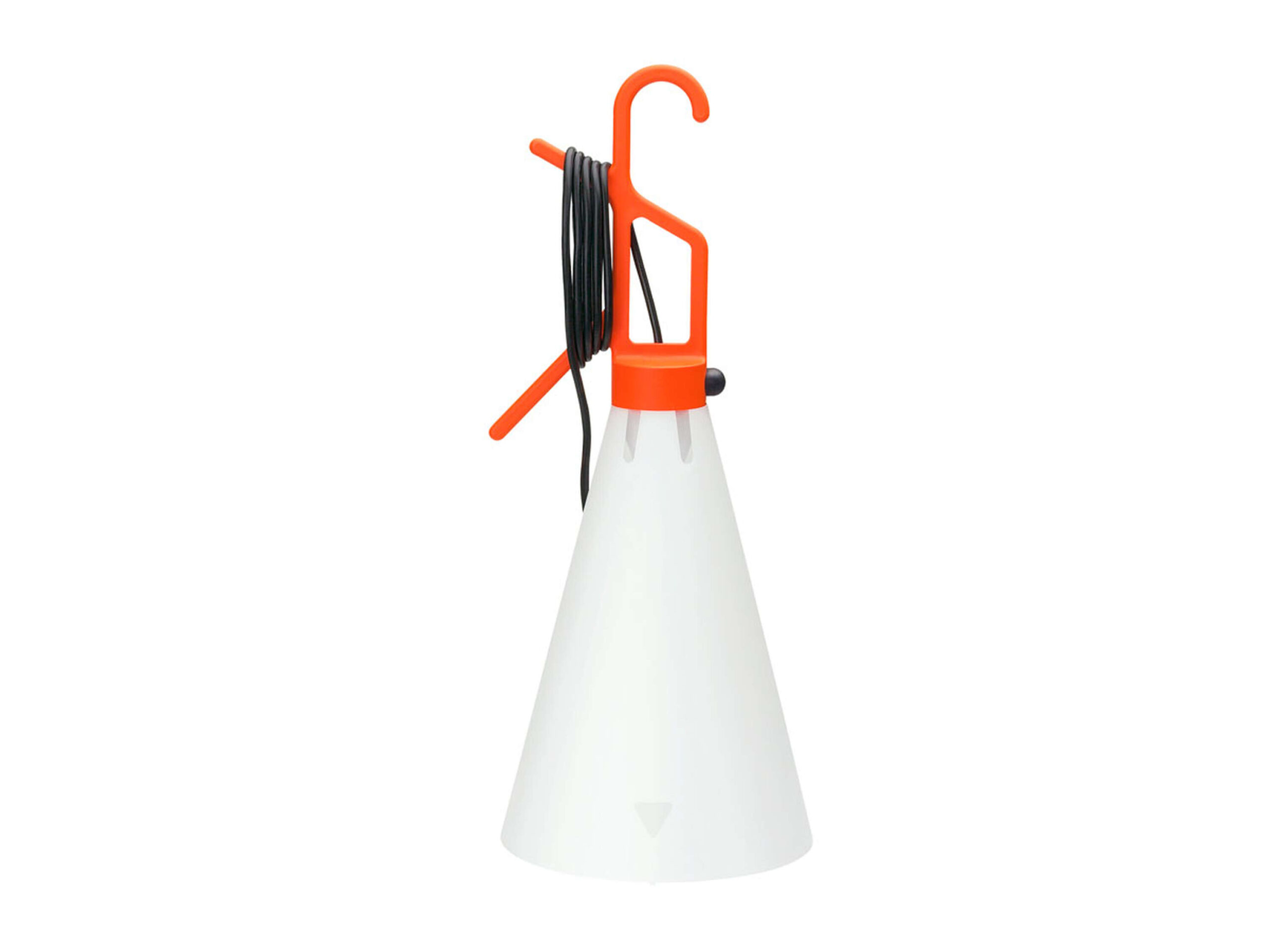 Mayday by Flos, Mayday Lamp by Flos in recycled opaline polypropylene with hook-handle and cord-winding feature, front view in a Royal Oak Michigan showroom