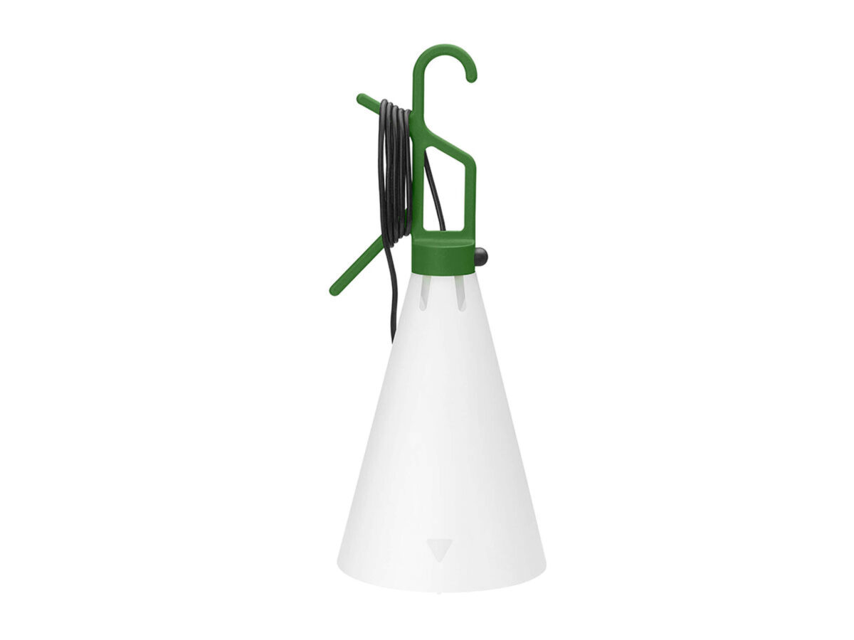 A portable Flos Mayday Outdoor lamp with a white, translucent conical diffuser and a colored [e.g., "black," "leaf green," or "mustard yellow"] handle, designed for versatile outdoor use.