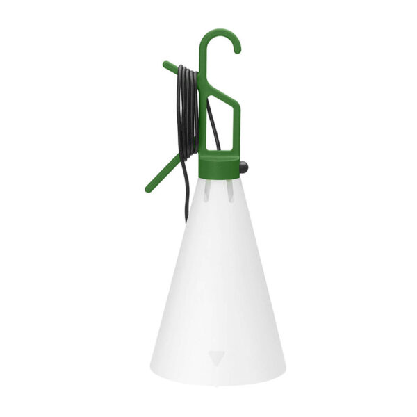 A portable Flos Mayday Outdoor lamp with a white, translucent conical diffuser and a colored [e.g., "black," "leaf green," or "mustard yellow"] handle, designed for versatile outdoor use.