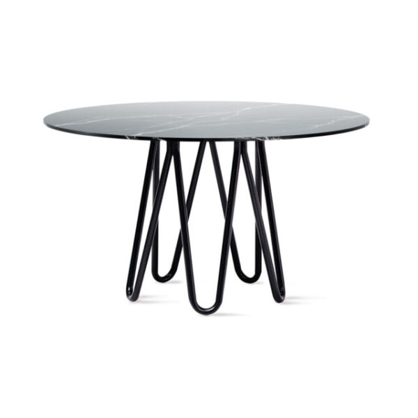 Meduse Marble Table by Casamania & Horm – Designed by GamFratesi, featuring a round marble top (130 cm diameter) supported by a colored painted metal base, inspired by the symmetrical and fluid form of a jellyfish.