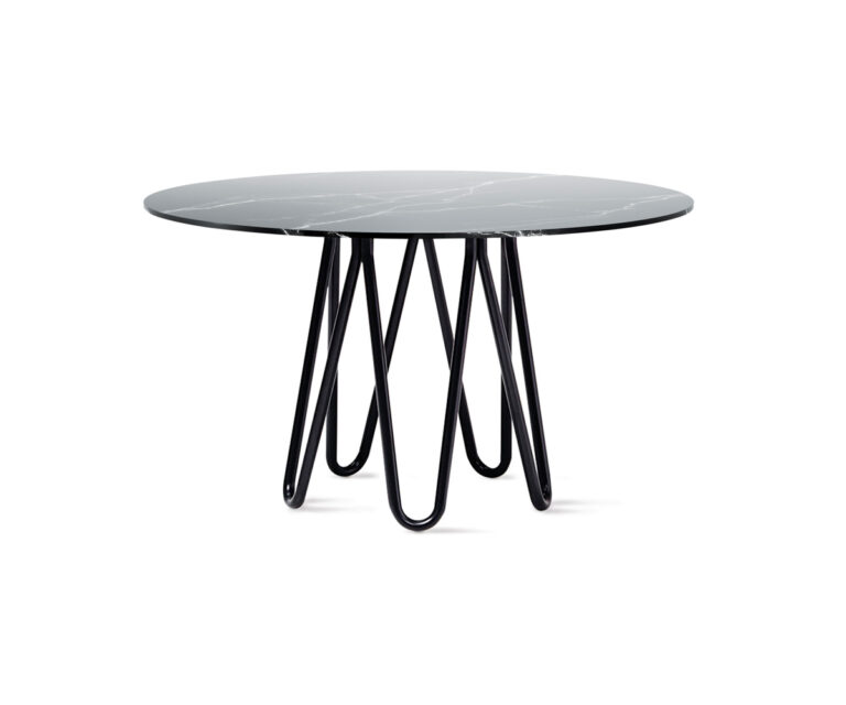 Meduse Marble Table by Casamania & Horm – Designed by GamFratesi, featuring a round marble top (130 cm diameter) supported by a colored painted metal base, inspired by the symmetrical and fluid form of a jellyfish.