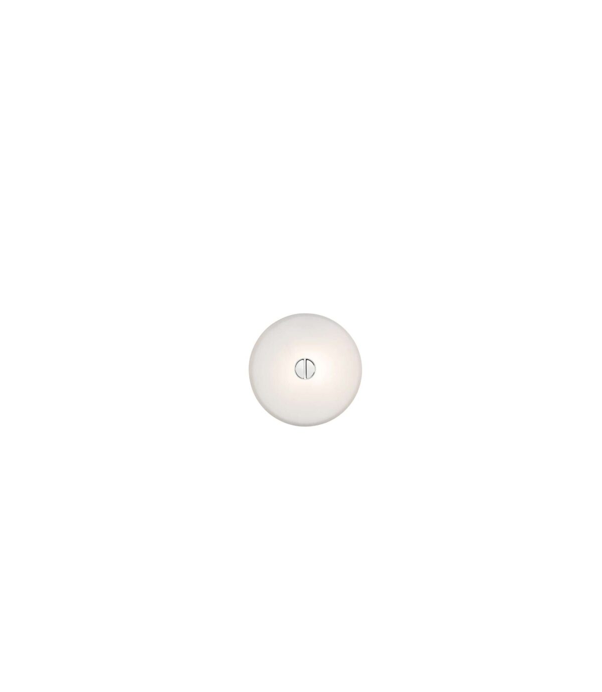 A small, round Flos Mini Button lamp, featuring a flat, white opaline glass or polycarbonate diffuser mounted flush against a wall or ceiling, providing soft, diffused light.
