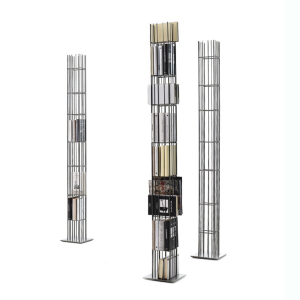 “TOWER METRIC by Mogg – designer freestanding shelf with sculptural bronze-finished rods and transparent glass shelving”