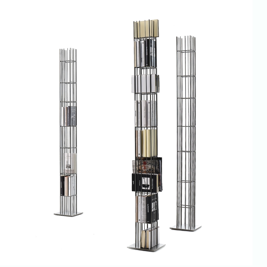 “TOWER METRIC by Mogg – designer freestanding shelf with sculptural bronze-finished rods and transparent glass shelving”