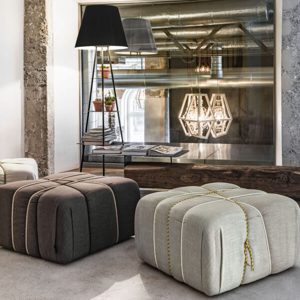 “WHAT A PACKAGE ottoman by Mogg – designer upholstered stool with tied bundle effect and playful form”
