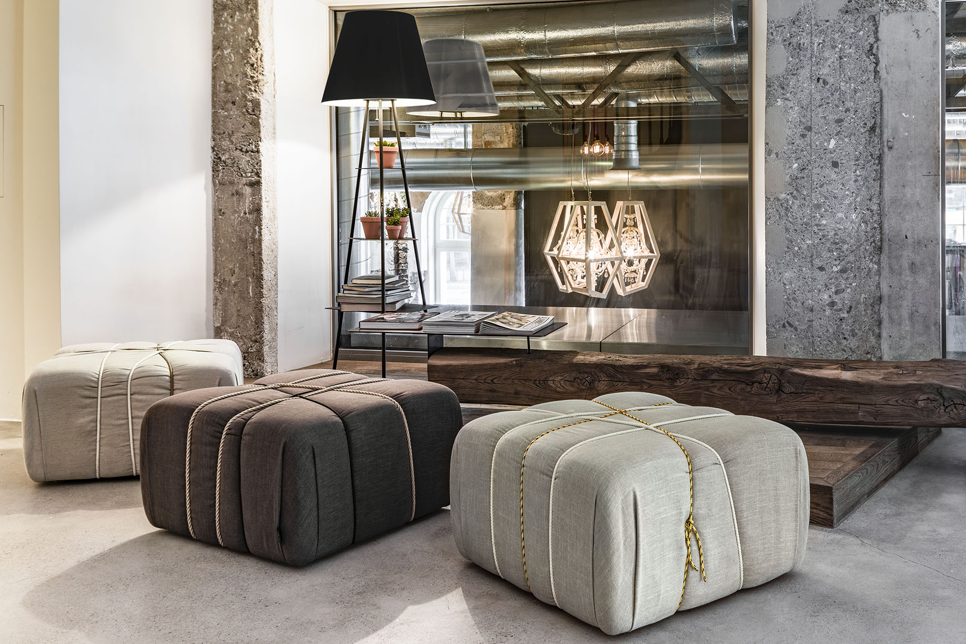 “WHAT A PACKAGE ottoman by Mogg – designer upholstered stool with tied bundle effect and playful form”