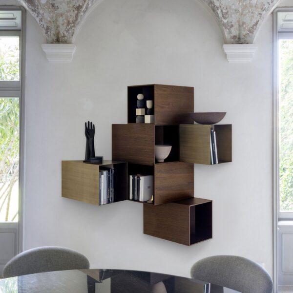 “WOOD CELL by Mogg – modular wall-mounted bookshelf with geometric wooden compartments”