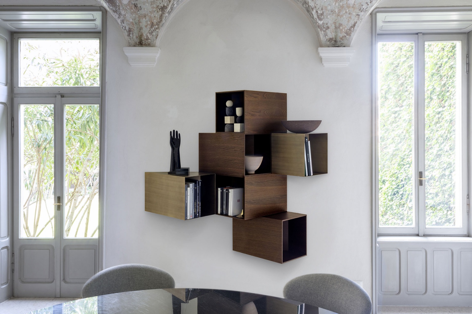 “WOOD CELL by Mogg – modular wall-mounted bookshelf with geometric wooden compartments”