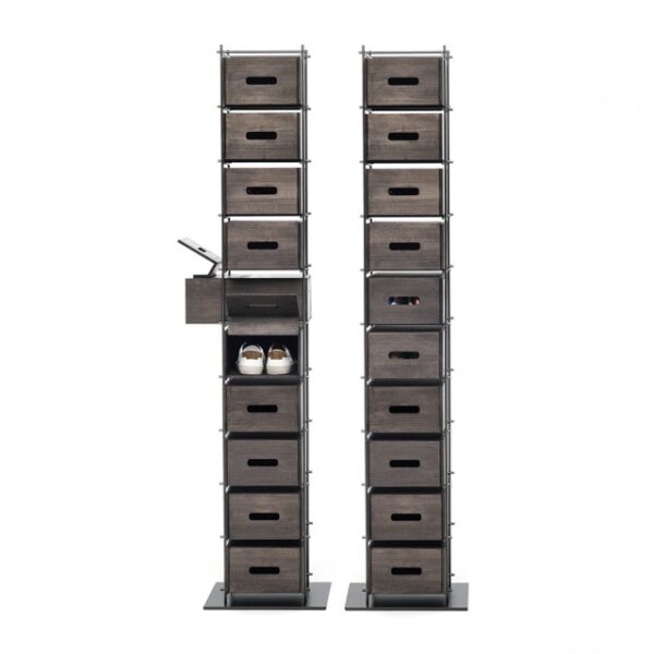“MANOLO by Mogg – freestanding shoe rack with sculptural vertical design and sleek lines”