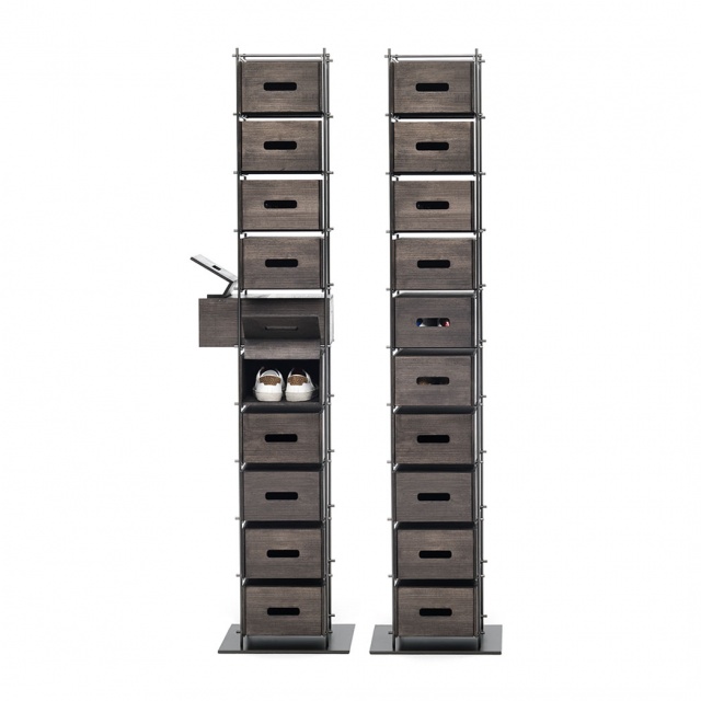 “MANOLO by Mogg – freestanding shoe rack with sculptural vertical design and sleek lines”