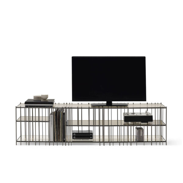 “TV METRIC by Mogg – modern TV stand with geometric metal grid frame and open structure”