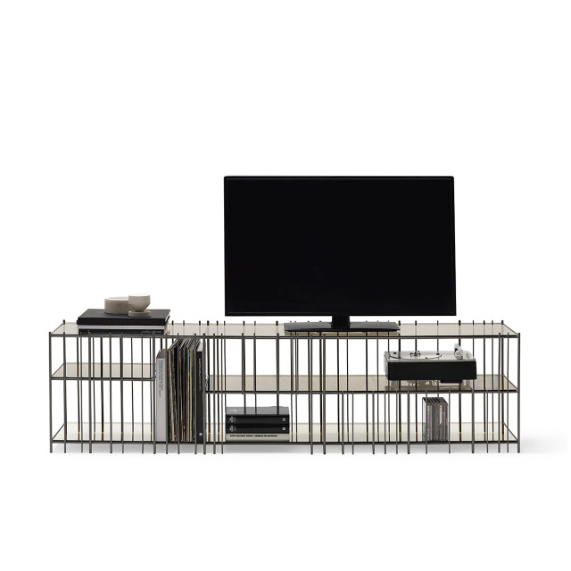 “TV METRIC by Mogg – modern TV stand with geometric metal grid frame and open structure”