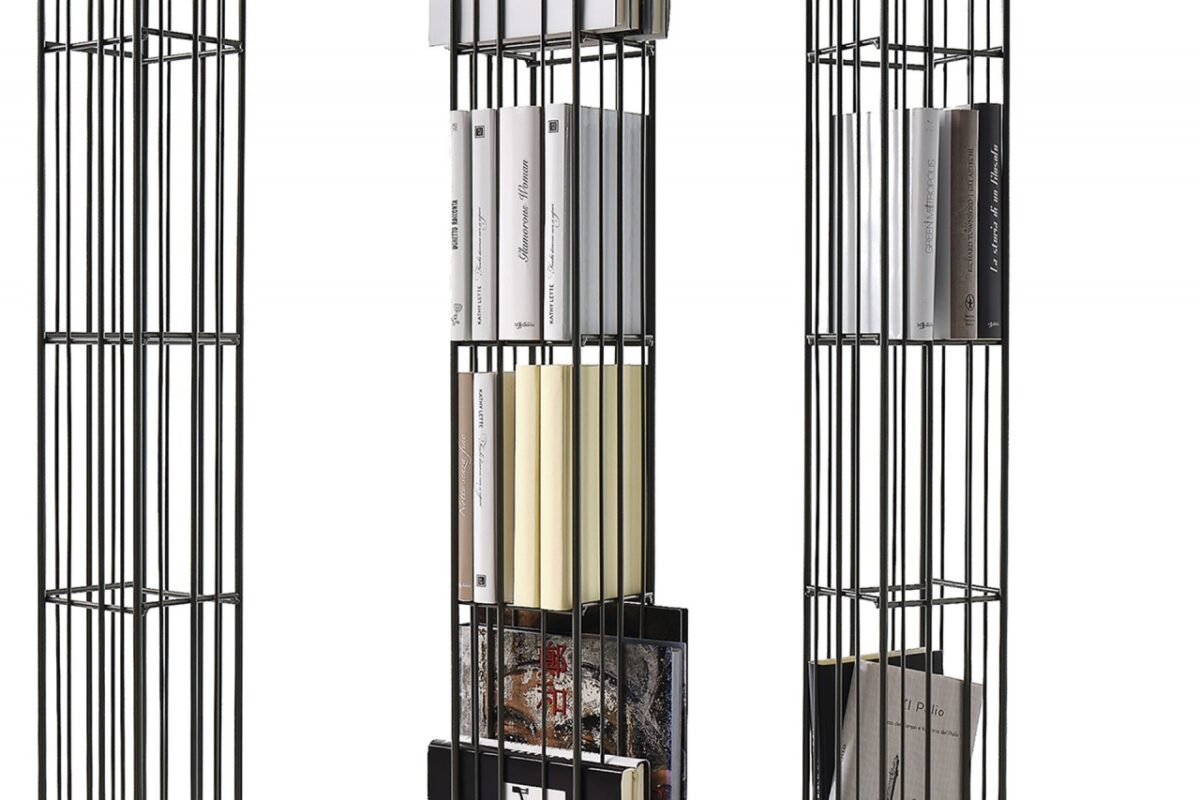 “TOWER METRIC by Mogg modern Italian shelving unit – slim vertical bookcase with metal frame and glass shelves”