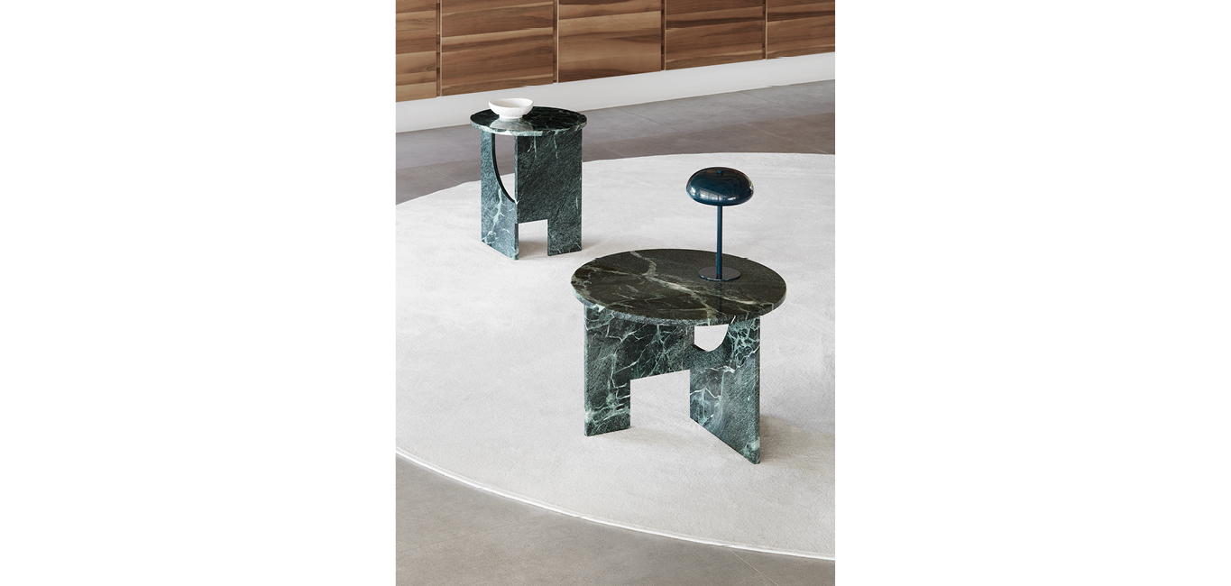 Mondrian side table by Nicoline Italia featuring a unique geometric design with a circular marble top and sculptural base.