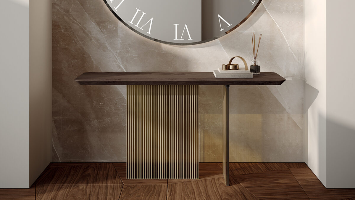 Italian Monolite Console by Reflex with sleek modern lines in Birmingham Michigan showroom