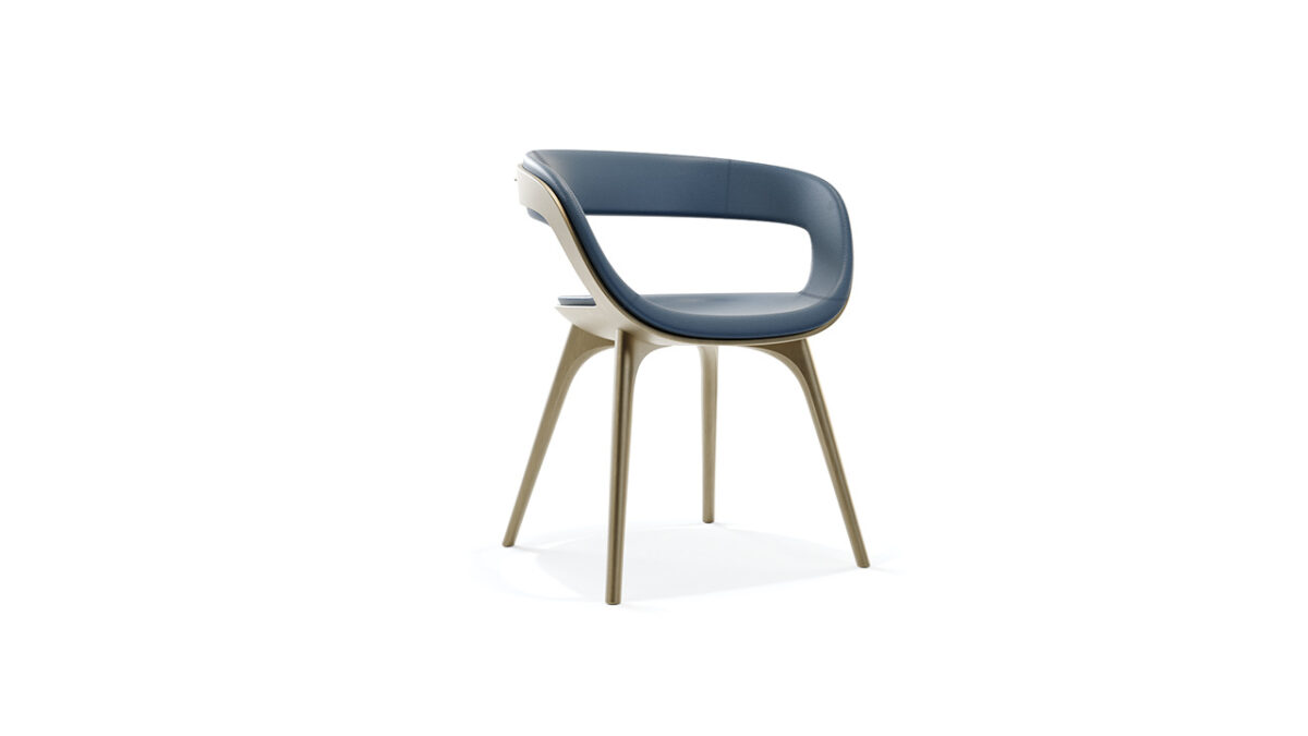 Contemporary Nido Chair by Reflex Angelo in Birmingham, MI – designed with a sculpted shell and legs in satin brass finish, upholstered in luxurious leather, and a polished steel handle by Pininfarina