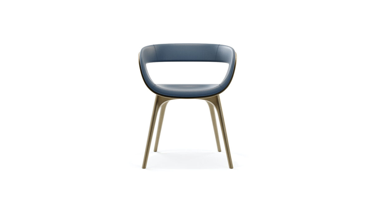 Contemporary Nido Chair by Reflex Angelo in Birmingham, MI – designed with a sculpted shell and legs in satin brass finish, upholstered in luxurious leather, and a polished steel handle by Pininfarina