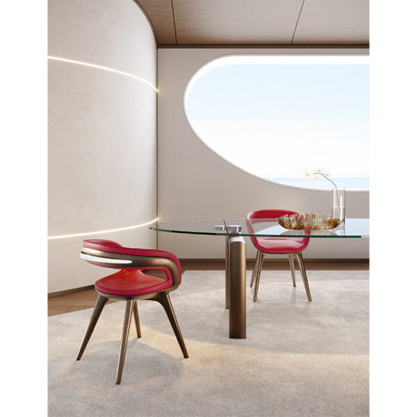 Modern Italian Nido Chair by Reflex Angelo in Royal Oak, MI – featuring a sculpted shell and legs in satin titanium finish, with leather upholstery and a polished steel handle by Pininfarina.