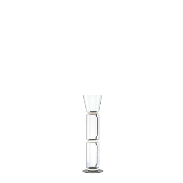 Noctambule Floor 2 High Cylinder Cone Small Base by Flos, "Flos Noctambule Floor 2 lamp with two stacked transparent hand‑blown glass cylinders and inverted cone shade on small black base"
