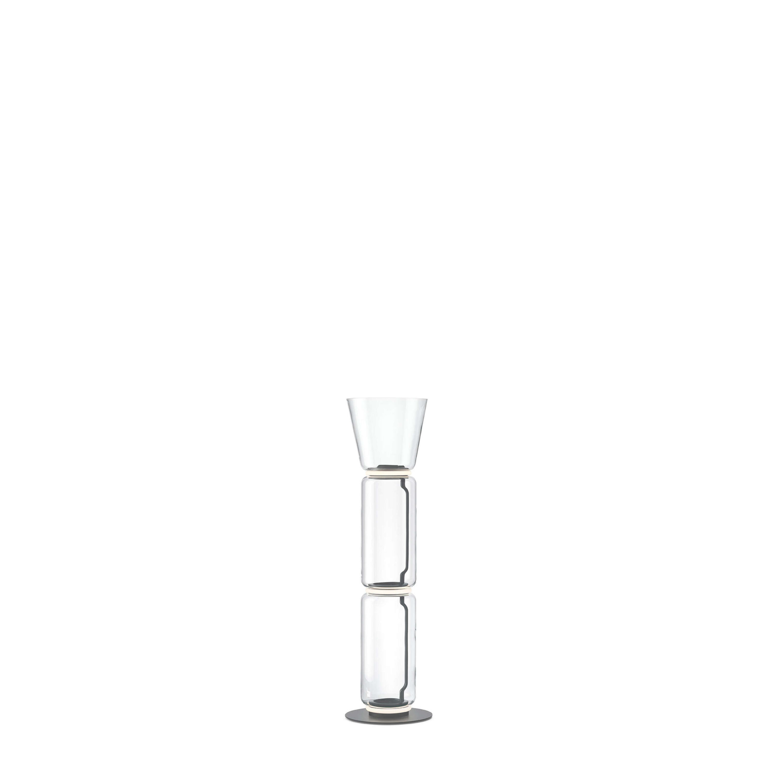 Noctambule Floor 2 High Cylinder Cone Small Base by Flos, "Flos Noctambule Floor 2 lamp with two stacked transparent hand‑blown glass cylinders and inverted cone shade on small black base"