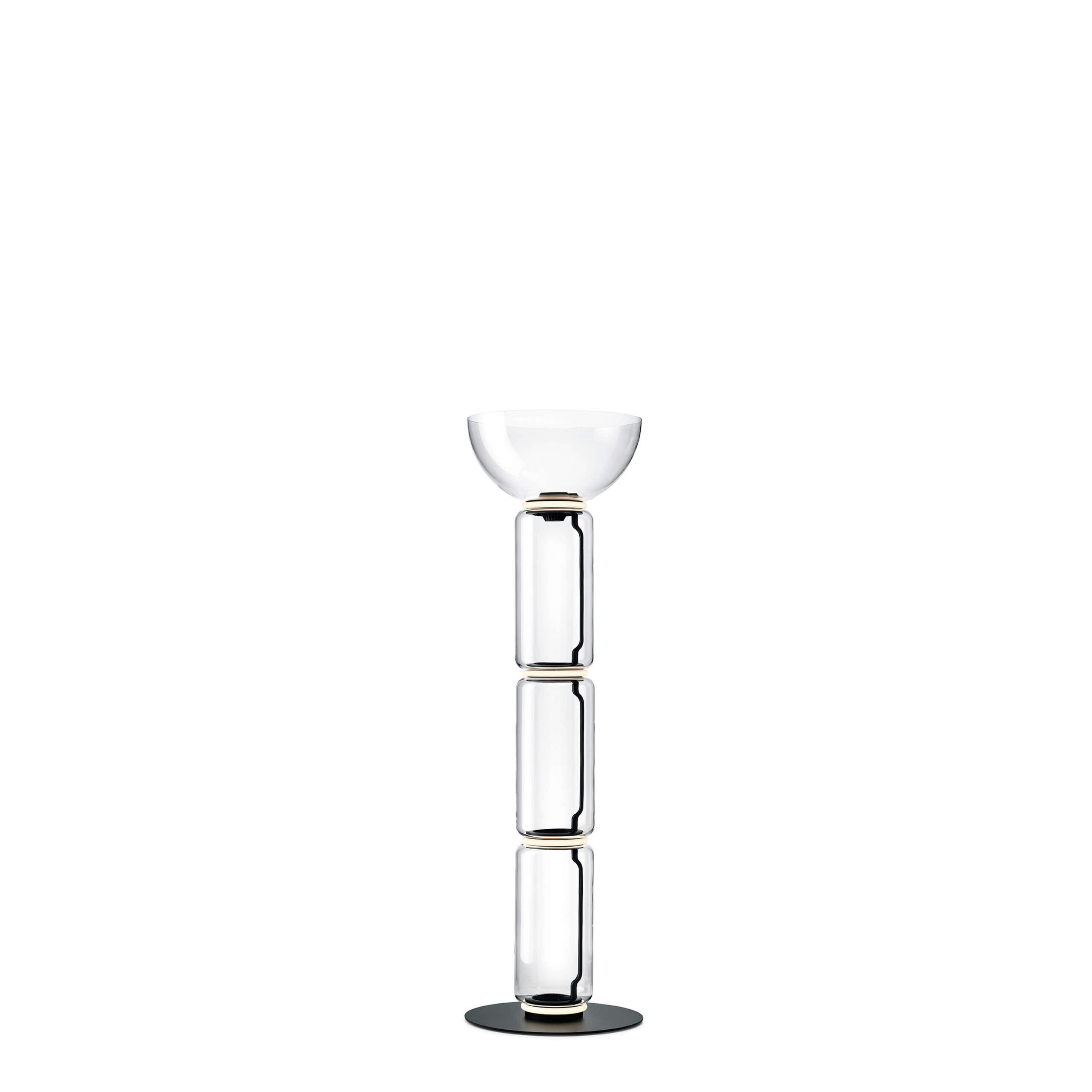 Noctambule Floor 3 High Cylinder Bowl Big Base, Flos Noctambule Floor 3 lamp with three stacked clear blown‑glass cylinders and semi‑spherical bowl shade on large black base