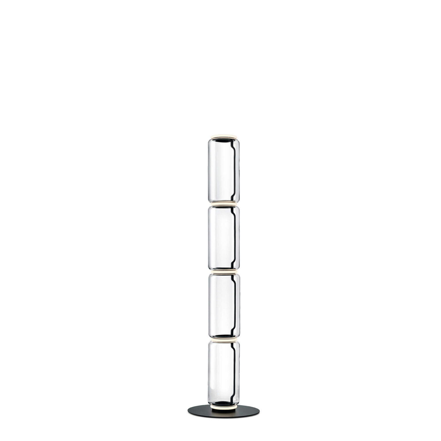 Noctambule Floor 4 High Cylinder Big Base by Flos, Tall floor lamp composed of four transparent blown-glass cylinders stacked vertically on a large black die-cast aluminum base.