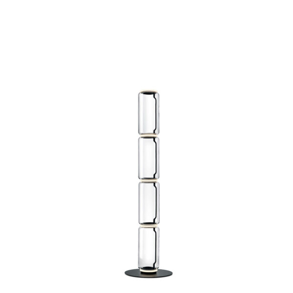 Noctambule Floor 4 High Cylinder Big Base by Flos, Tall floor lamp composed of four transparent blown-glass cylinders stacked vertically on a large black die-cast aluminum base.