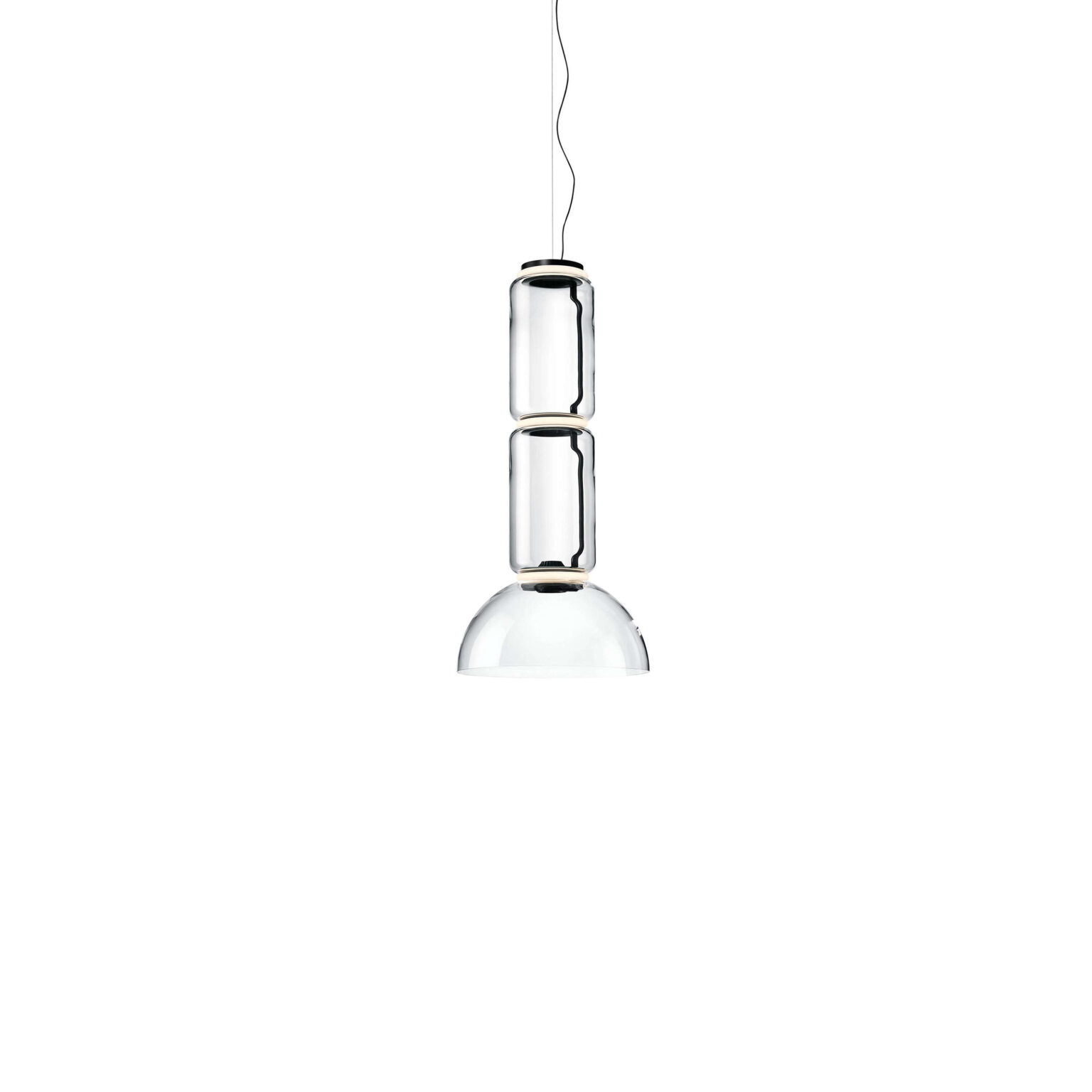Noctambule Suspension 2 Low Cylinder Bowl by Flos, Clear blown‑glass cylinder stacked atop a semi‑spherical bowl diffuser, suspended from a black cable with integrated dimmer canopy.