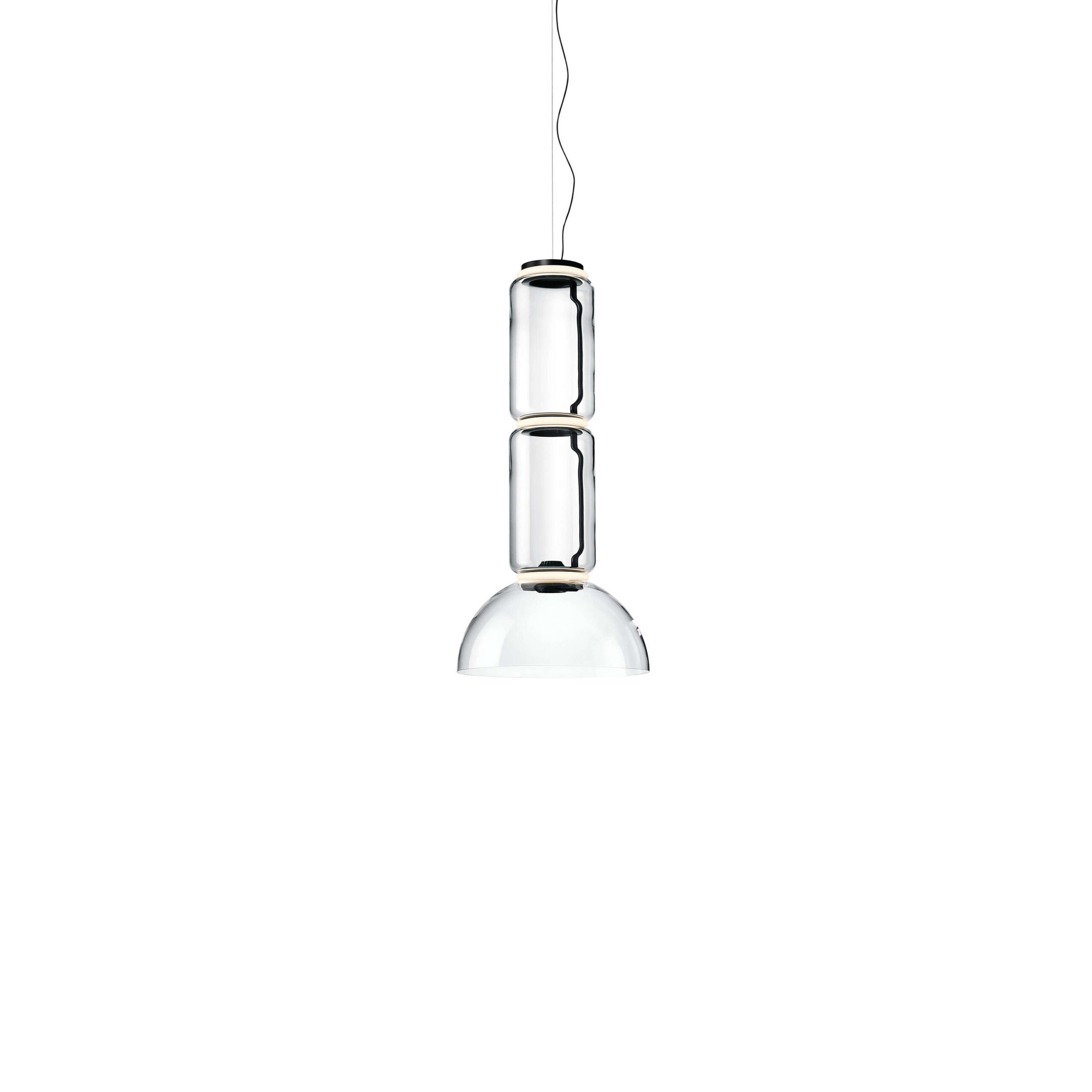 Noctambule Suspension 2 Low Cylinder Bowl by Flos, Clear blown‑glass cylinder stacked atop a semi‑spherical bowl diffuser, suspended from a black cable with integrated dimmer canopy.