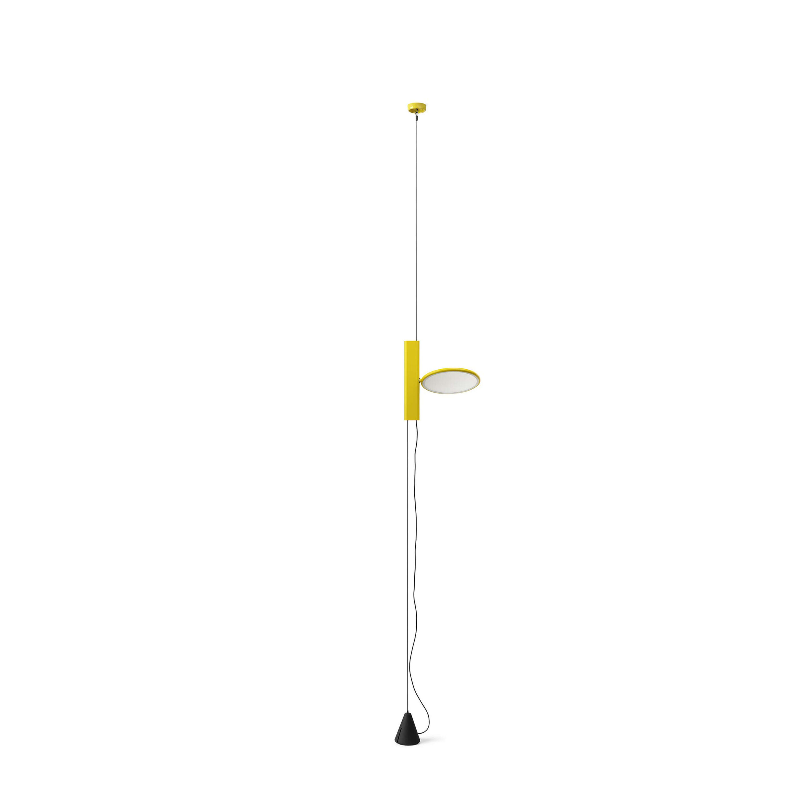 OK by Flos, Flos OK pendant lamp in black, featuring a sleek, ultra-flat LED head suspended by a black steel cable with a cone-shaped counterweight.