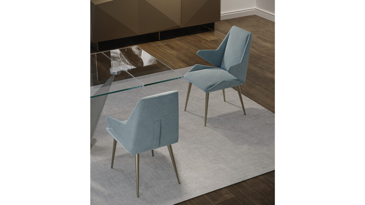 Modern Origami Sedia dining chair by Reflex Angelo in Royal Oak, MI – featuring a sculpted wooden frame, padded seat and backrest, and Beluga oak legs with a titanium finish.