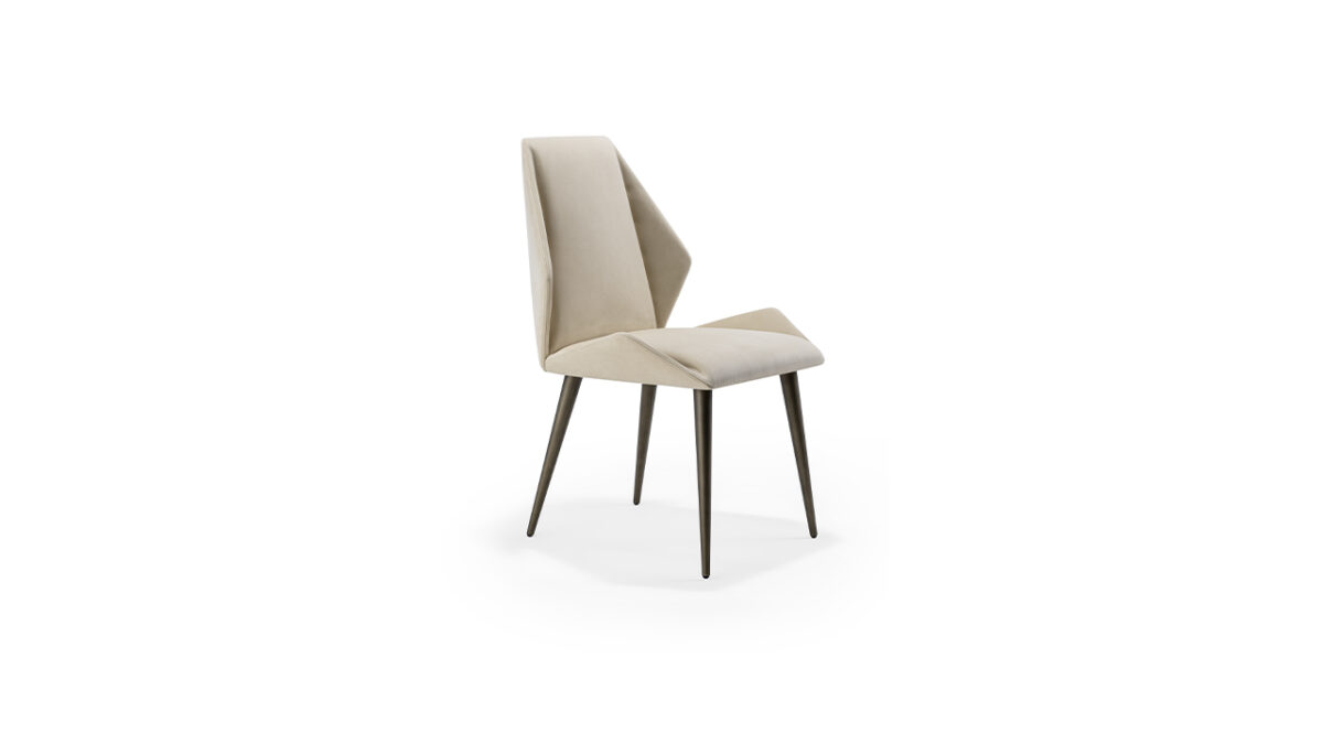 Contemporary Origami Sedia dining chair by Reflex Angelo in Birmingham, MI – designed with a wooden structure, upholstered seat and back, and Beluga oak legs in a dark brass finish.