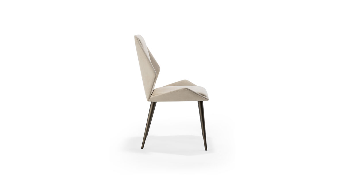Contemporary Origami Sedia dining chair by Reflex Angelo in Birmingham, MI – designed with a wooden structure, upholstered seat and back, and Beluga oak legs in a dark brass finish.