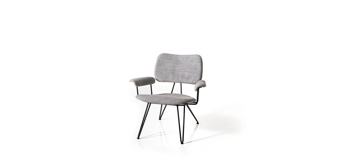 Overdyed Lounge Chair by Moroso in artisanal overdyed Italian fabric, front view in a Royal Oak Michigan showroom