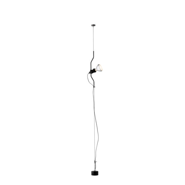 Parentesi by Flos, Parentesi pendant in red, its steely curved tube sliding along a vertical cable from floor to ceiling in a minimalist living room.