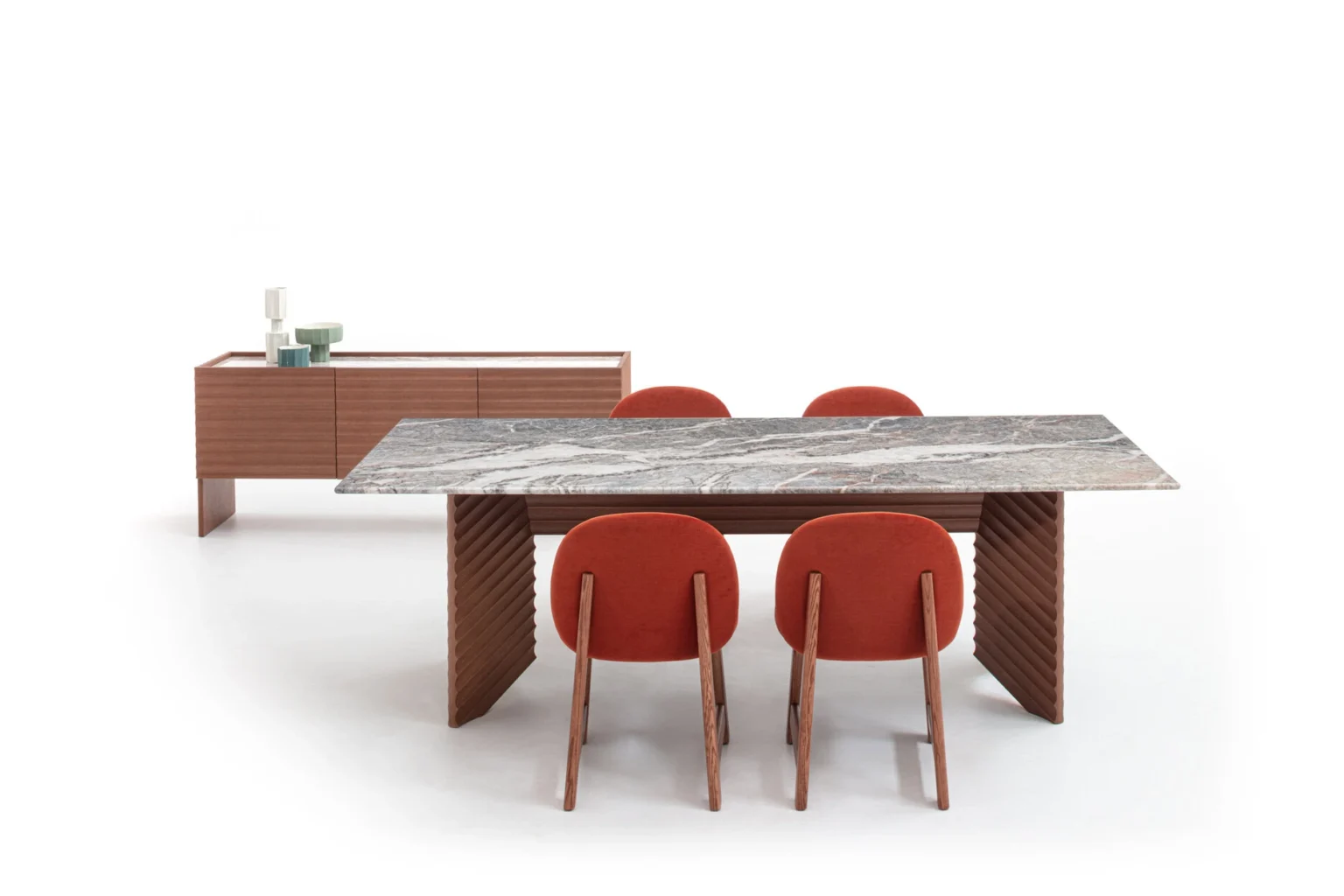 Pheaby by Moroso in sculptural Italian boucle upholstery, front view in a Royal Oak Michigan showroom