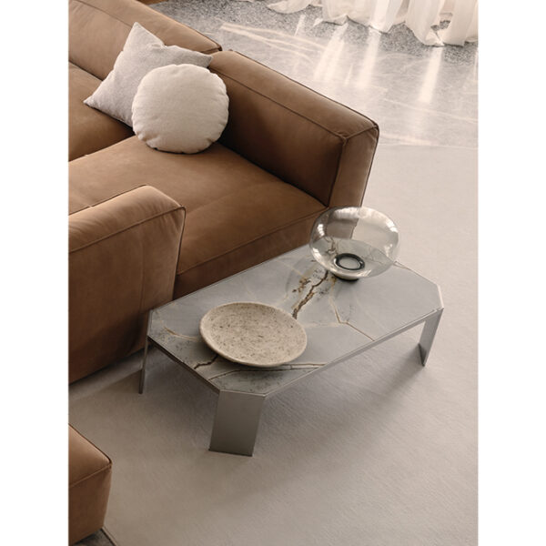 Picasso coffee table by Nicoline Italia featuring a rectangular Blue Roma marble top with a Lead Grey metal base.
