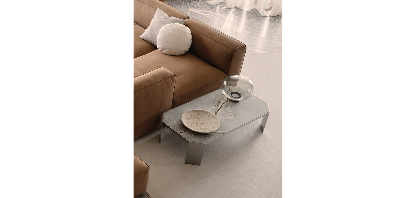 Picasso coffee table by Nicoline Italia featuring a rectangular Blue Roma marble top with a Lead Grey metal base.