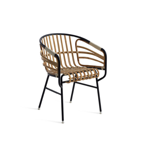 "Raphia Rattan Chair by Casamania featuring handwoven natural rattan seat and black metal frame."