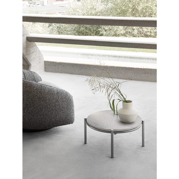 Renoir coffee table by Nicoline Italia featuring a square Sahara Noir marble top with a Lead Grey metal base, showcasing a minimalist design.