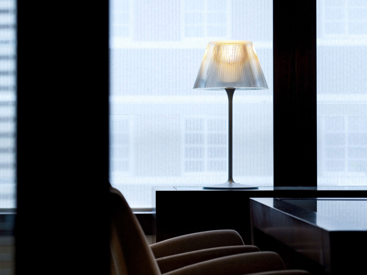 Romeo Moon Table 1 Lamp by Flos showcasing gray-painted steel stem and die-cast aluminum base at the Michigan Design Center
