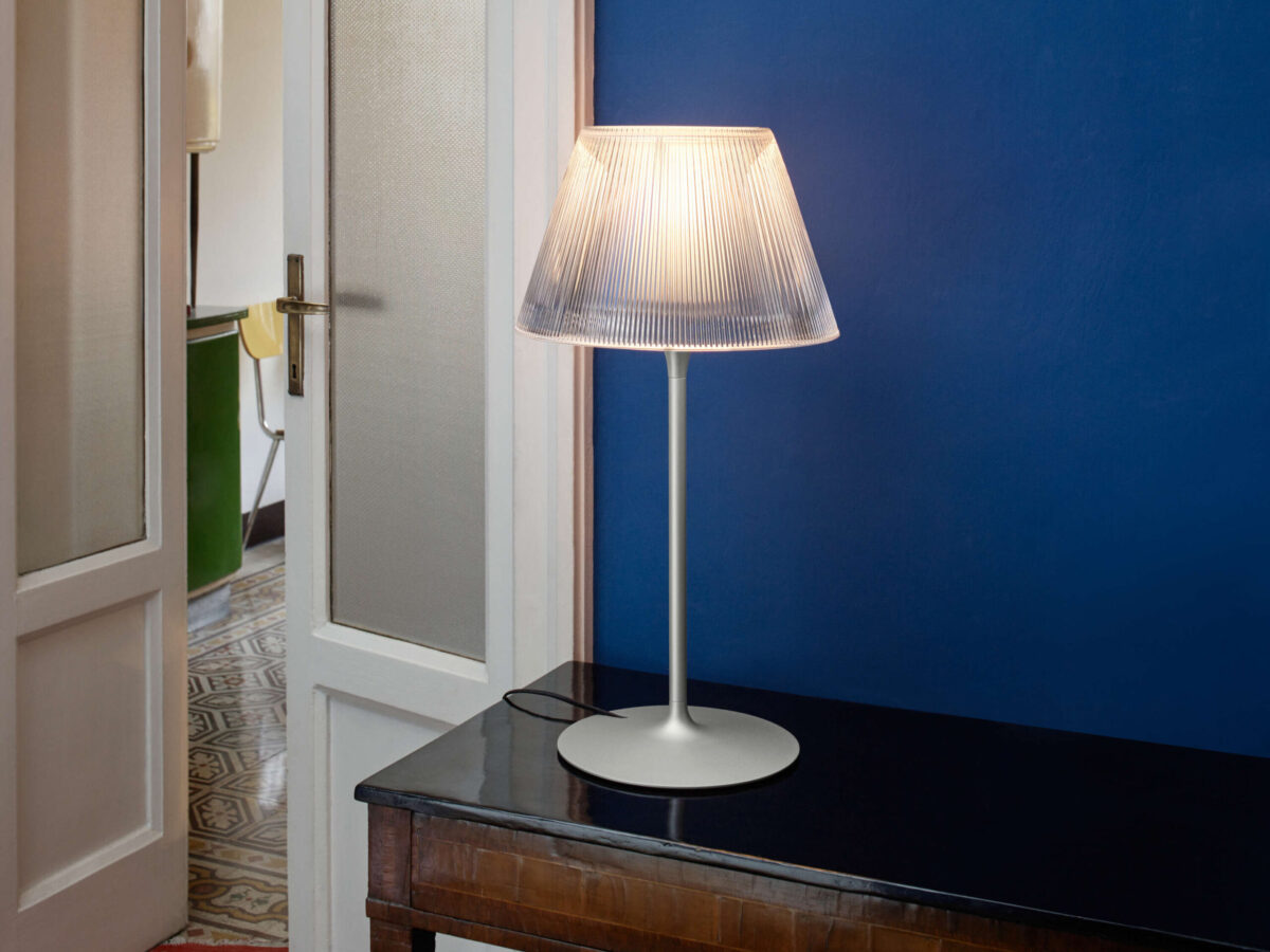 Romeo Moon Table 1 Lamp by Flos side profile highlighting the mouth-blown borosilicate glass diffuser and sleek frame in a Troy Michigan setting