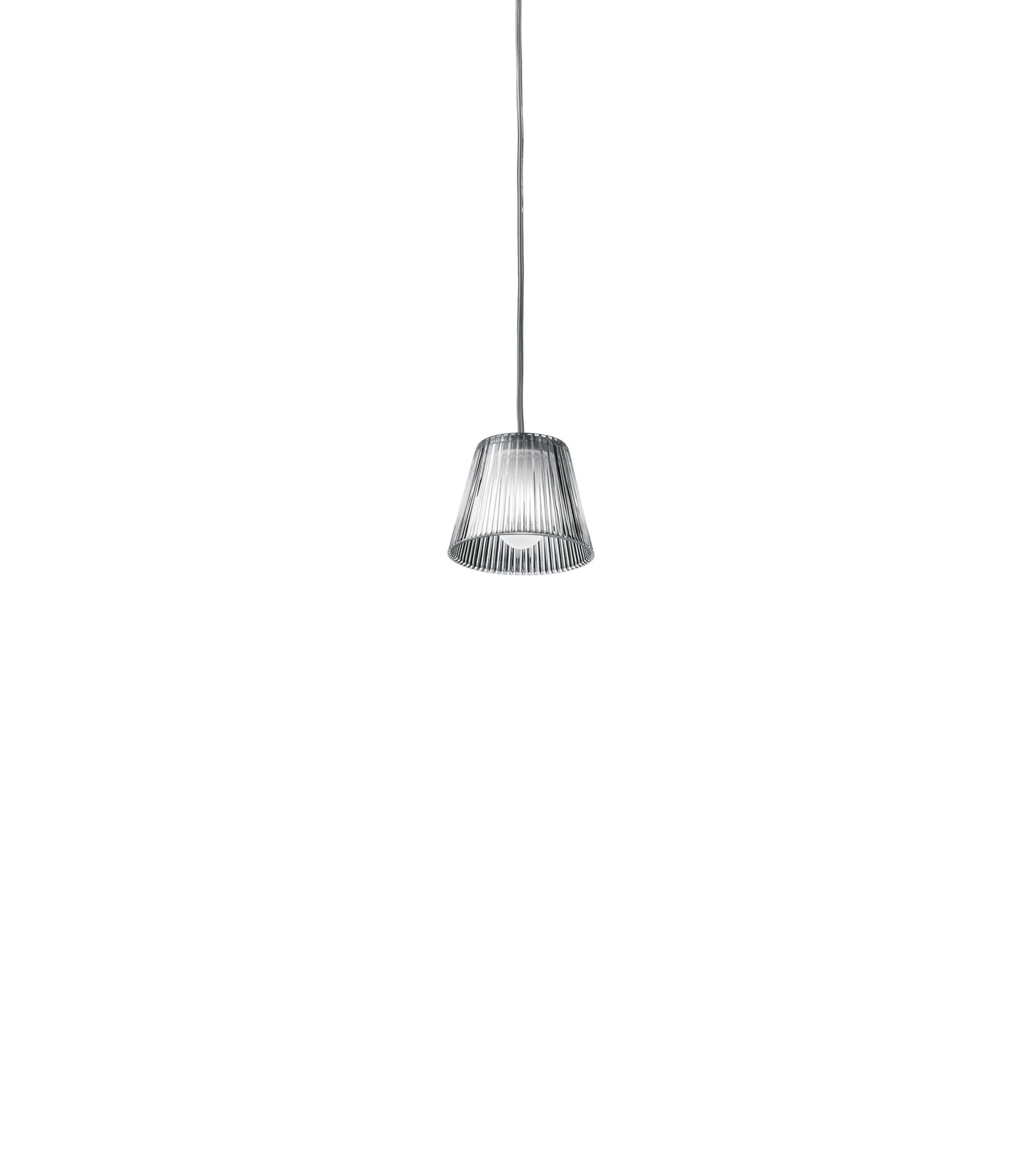 Romeo Babe Suspension by Flos, Elegant clear glass pendant with ribbed internal diffuser and sleek gray aluminum support, designed by Philippe Starck.